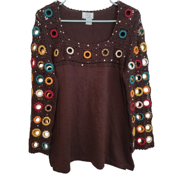 VTG Just B Womens Sz XL Brown Multicolor Crochet Ring Top Y2K Whimsical Artsy - Picture 1 of 9